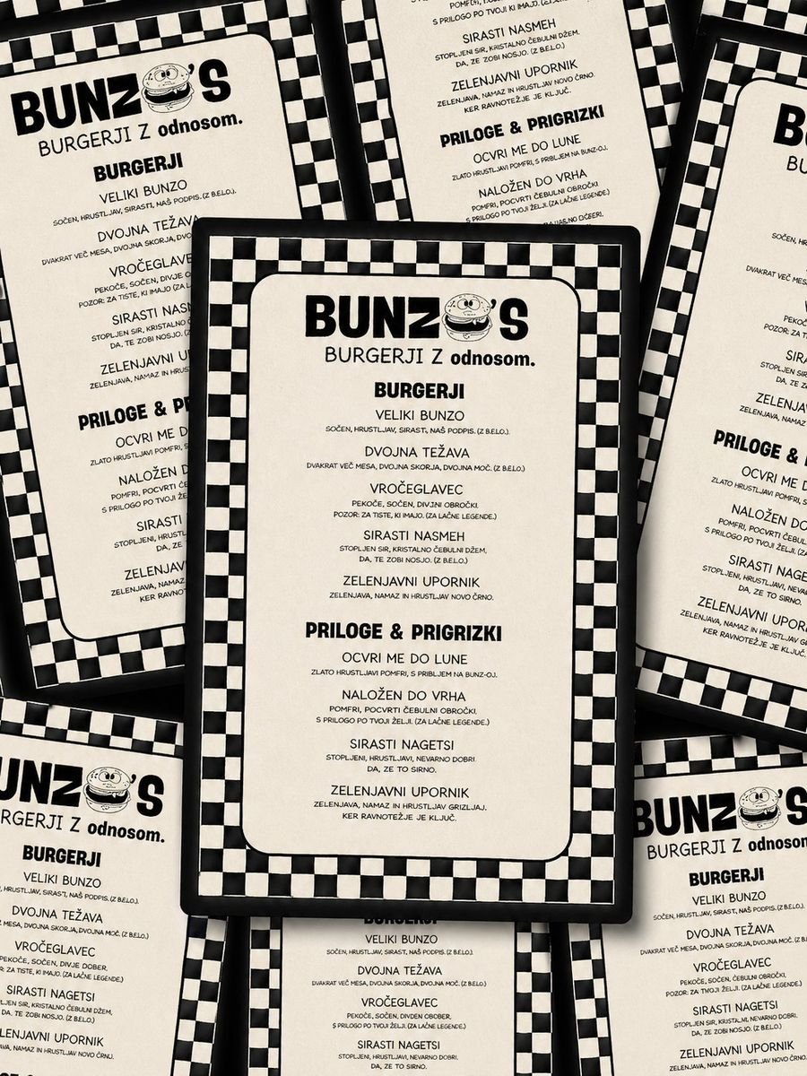 Jedilni list Bunzo's, burgerji z odnosom