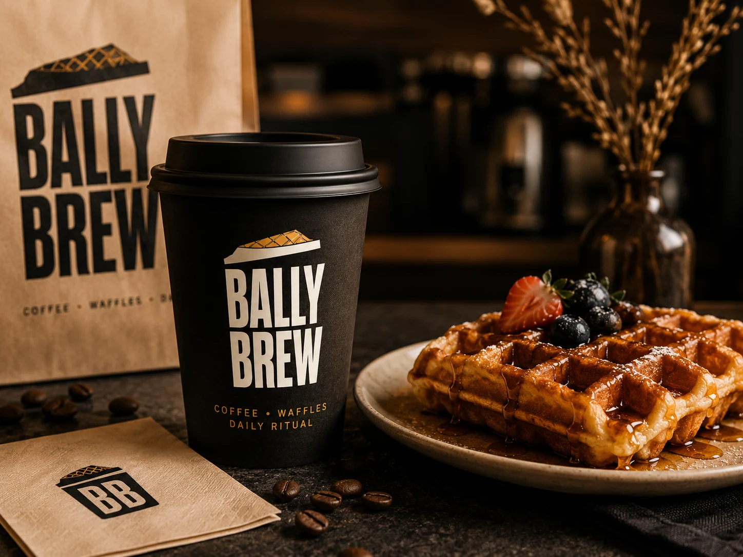 Bally Brew black takeaway cup, kraft bag and a syrup-drizzled waffle with berries on a dark table