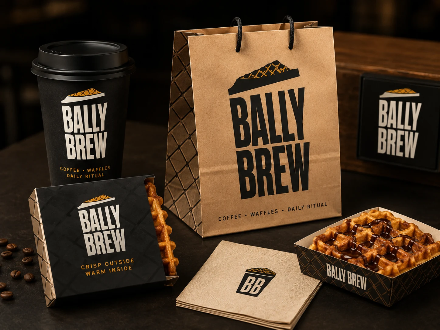 Bally Brew packaging suite: cup, kraft bag, waffle box, BB napkins and a waffle tray