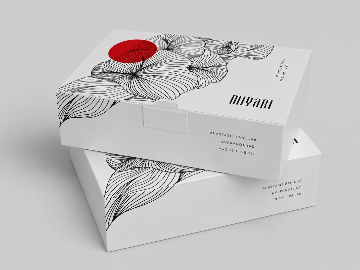Miyabi minimalist white takeaway box with the red hinomaru circle and a single-line camellia