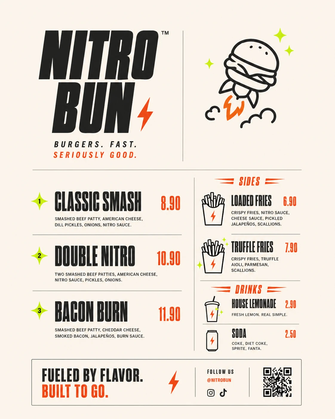 Nitro Bun printed menu: Classic Smash, Double Nitro, Bacon Burn, loaded fries and drinks