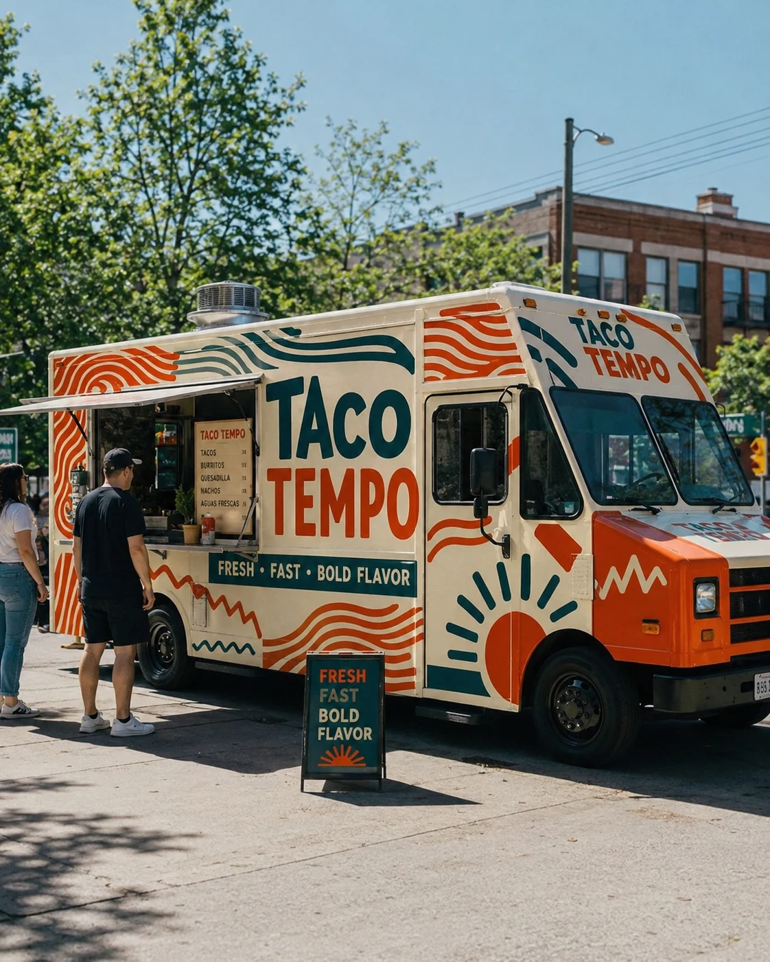 Taco Tempo food truck in full teal, tomato and cream wrap with the stacked wordmark and wave lines