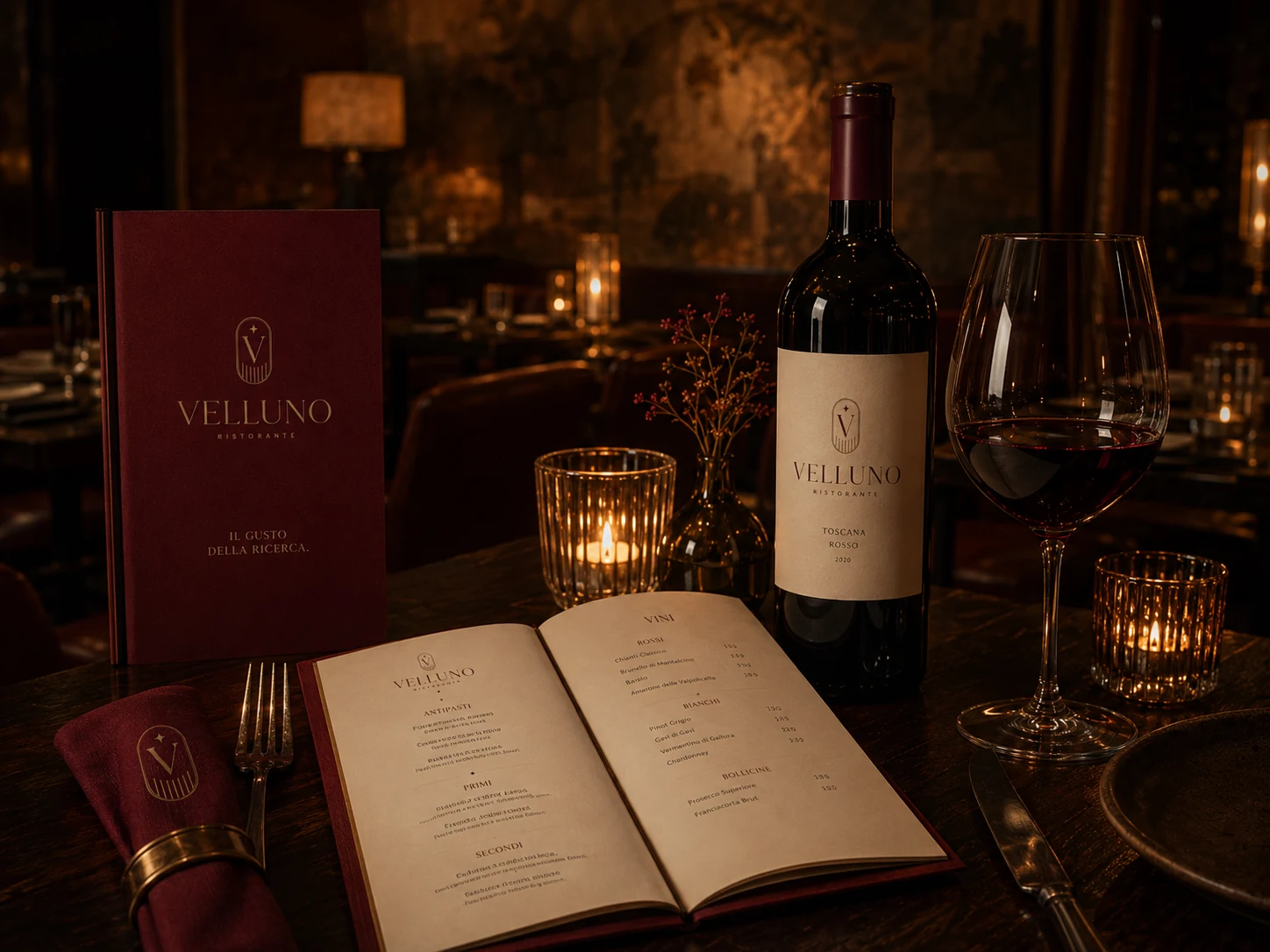 Velluno candlelit table set with the bordeaux menu, wine and the gold crest